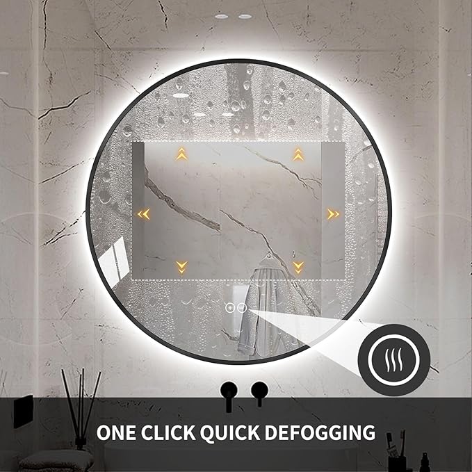 Round LED Bathroom Mirror with Gold Frame, 24V Backlight, 3 Color Temperatures, Dimmable, Memory Function, Defogging (Black Border, 24" L x 24" W)