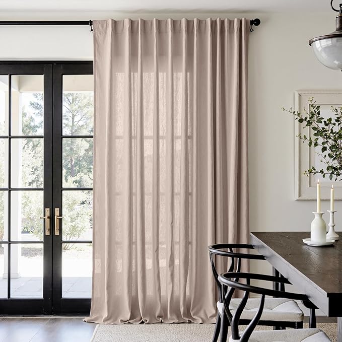 jinchan Taupe Linen Blend Curtain 108 inch Extra Long 1 Panel Extra Long for Sliding Door, Light Filtering 100 inch Extra Wide Patio Door Drape with Rod Pocket Back Tab(100W x 108L, Taupe)