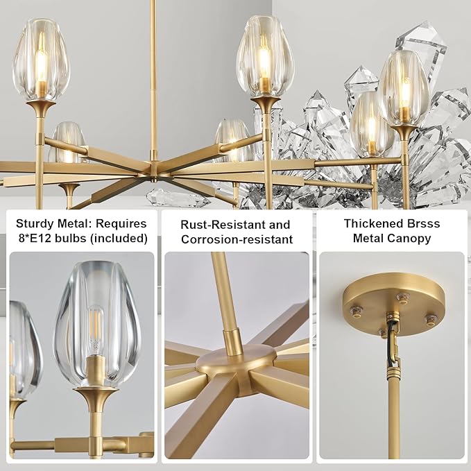 Modern Crystal Chandeliers 8 Lights Brass, 54in Gold Tulip Round K9 Crystal Chandelier,Pendant Ceiling Light for Dining Living Room Bedroom Entryway, E12 Bulbs Included