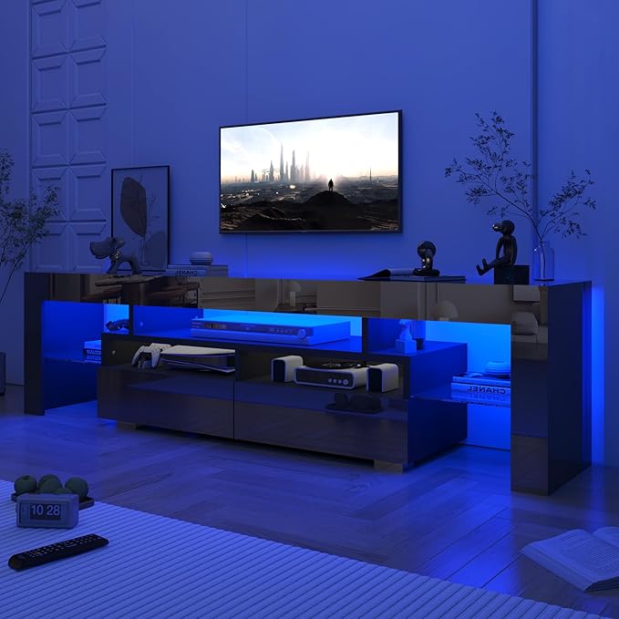 TV Stand with 16 Color LED Lights, Media Console with Drawer and Glass Open Shelf for 90/100 inch TV, Modern Gloss Entertainment Center for Living Room Bedroom, Black