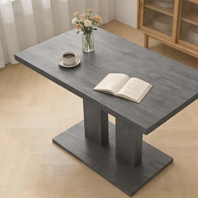 46" Dining Table for 4, Modern Rectangular Dining Room Table with Sturdy Pedestal Base, Thickened Tabletop, MDF Grey Wood Finish Kitchen Table for Breakfast Nook, Home & Apartment