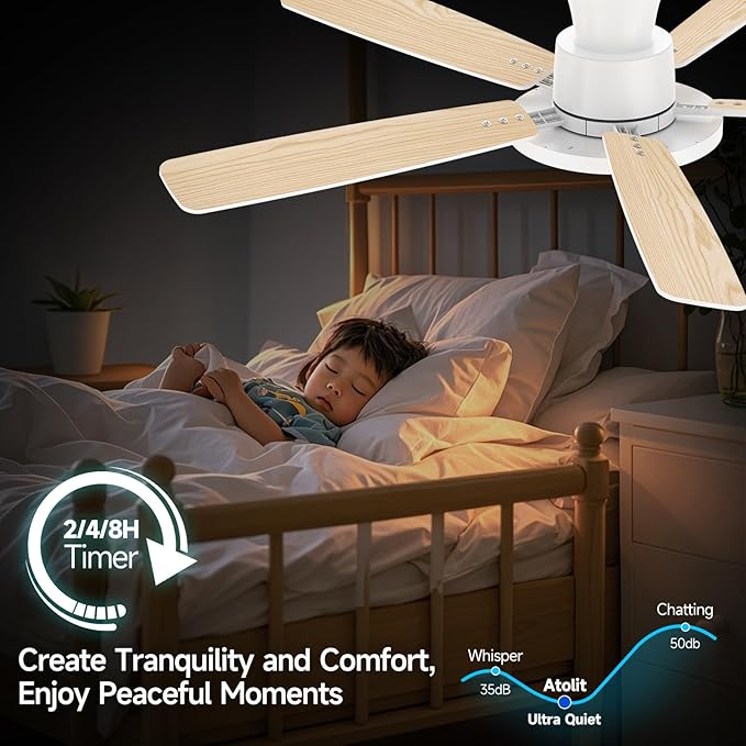 Ceiling Fans with Lights,52 inch,Quiet,Reversible Motor,Dimmable, Adjustable Color Temperature,6 Speeds,Timer, Low Profile Ceiling Fan for Bedroom,Living Room,Indoor/Outdoor Use(White)