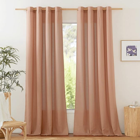NICETOWN Linen Flax Semi Sheer Curtains 94" Length, Grommet Window Treatments Privacy Added with Light Penetration Vertical Drapes for Loft/Home Office, Terracotta, W55 x L94, 2 Panels