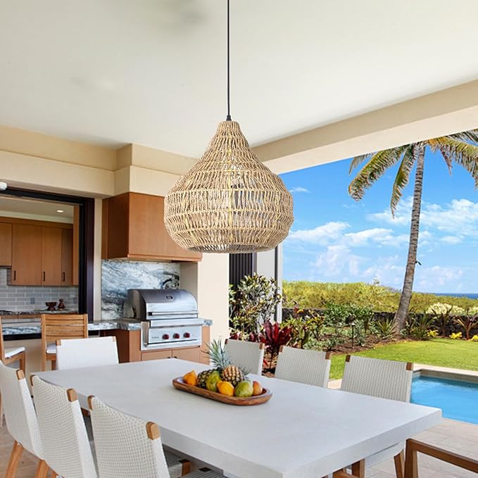 1 Light Seagrass Pendant Light for Kitchen Island, Farmhouse Rustic 13.77''W Small Woven Chandelier Ceiling Hanging Light Fixture Handmade Wicker Shade for Dining Room Shop Restaurants