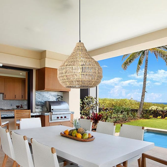 1 Light Seagrass Pendant Light for Kitchen Island, Farmhouse Rustic 13.77''W Small Woven Chandelier Ceiling Hanging Light Fixture Handmade Wicker Shade for Dining Room Shop Restaurants