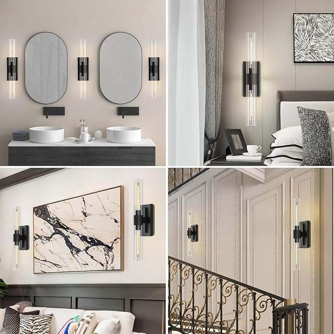 YUYI Black Wall Sconce, 22.8'' Wall Light for Bathroom Vanity, Modern Wall Lighting Fixture with Clear Glass Shade, Indoor Wall Sconce for Bathroom Vanity, Bedroom, Living Room, Hallway, Fireplace
