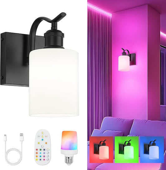 1-Light Bathroom Wall Sconce, Matte Black Modern Wall Light Fixture with Frosted Glass Shade RGB Bulb, RGB 12 Colors Modes Rechargeable Wall lamp for Bedroom Living Room, ZCVL01BK-1B