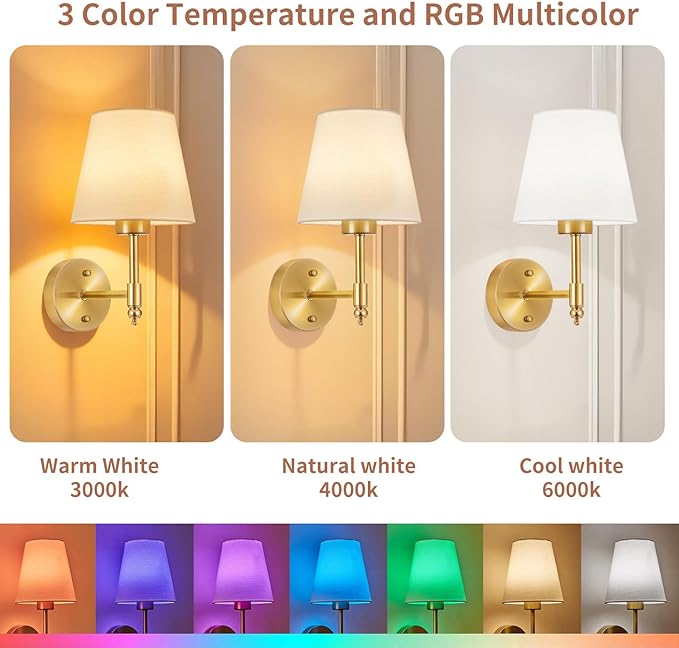 Battery Operated Wall Sconce Set of 2, Rechargeable Wireless Wall Lights with fabric Lampshade, 5000mAh Dimmable Bulbs with Remote,15 Colors Wireless Wall Lamps for Bedroom Living Room Hallway Decor