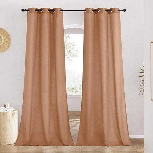 NICETOWN Linen Curtains for Windows 90 inch Long, Grommet Semi Sheer Vertical Drapes Privacy Added with Light Filtering for Doorway/Living Room, Burnt Orange, W42 x L90, 2 Pieces