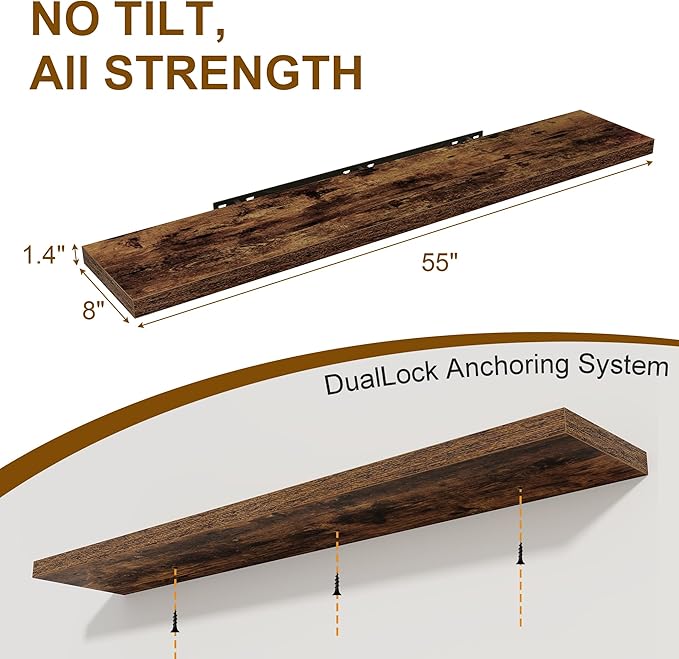 Fun Memories 55 Inch Floating Shelves for Wall 2 Pack Shelves for Bedroom|Kitchen|Bathroom Wall Mounted Rustic Wood Floating Shelf with Invisible Brackets for Books|Storage|Decor, Rustic Brown