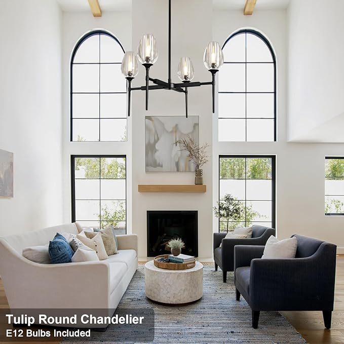 Crystal Black Pendant Lights Kitchen Island, 28" Adjustable Cord Modern Tulip Pendant Light Fixtures,4 Lights Kitchen Pendant Lighting Over Table,Indoor Chandeliers for Bedroom, Bulbs Included