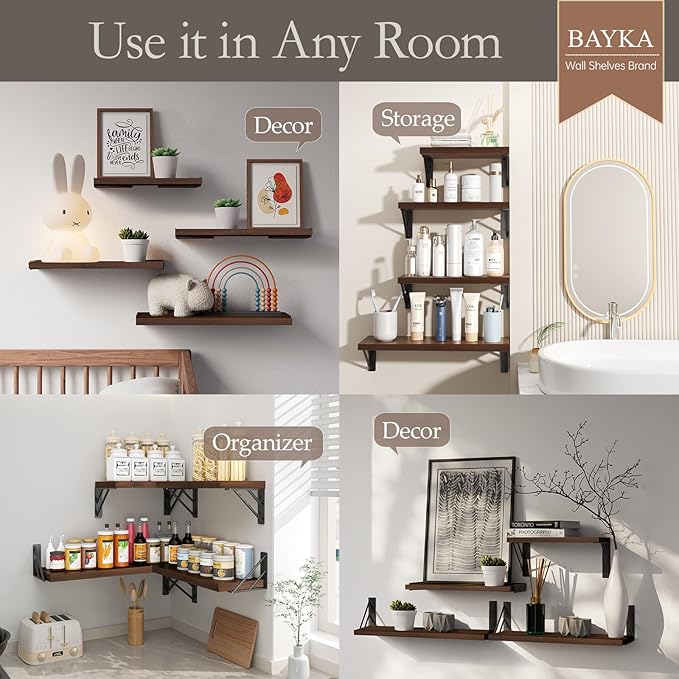 BAYKA Floating Shelves for Wall, Book Shelf for Bedroom, Decor Shelves for Living Room Kitchen, Mounted Wood Floating Shelf for Home Decor, Corner Shelf for Bathroom, Office(Dark Brown,Set of 4)