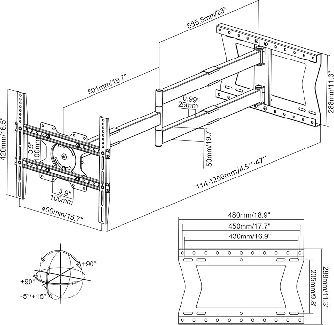 Physix 2120 Long arm TV Wall Mount for 32-75 inch Screens | Extra Long Extension up to 47 inch | Heavy-Duty TV Mount Holds up to 77 lbs | Full-Motion, swivels up to 180° | Max. VESA 400x400