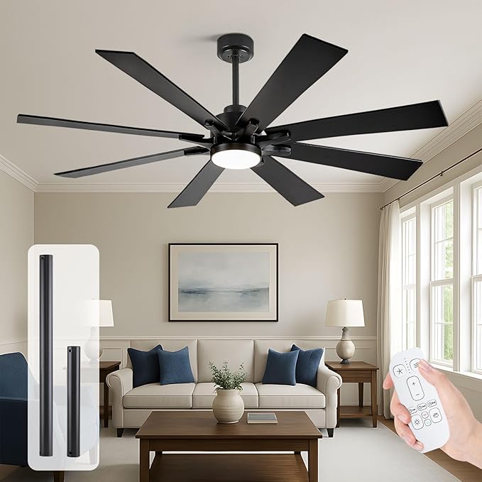 62 Inch Outdoor Ceiling Fan with Light Remote, Modern Black Industrial Ceiling Fan with 8 Blades, Dimmable Large Airflow Indoor Exterior Ceiling Fans for Patios Porch Garage Damp Rated, Quiet DC Motor