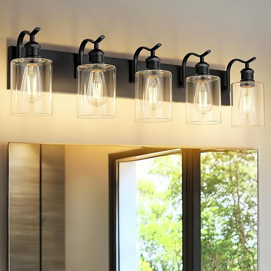 5 Light Bathroom Vanity Light, Black Light Fixture Morden Bathroom Lighting Fixtures Over Mirror Black Wall Sconces with Clear Glass Shade ZCVL01BK-5