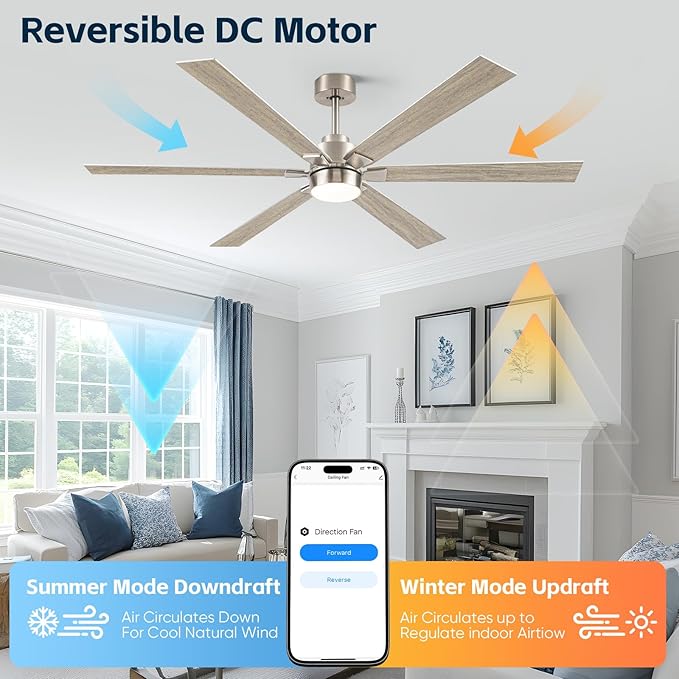 66 Inch Smart Ceiling Fan with Light, Large Modern Industrial Ceiling Fan with Remote/APP/Alexa Control, High CFM Quiet DC Indoor Outdoor Ceiling Fans for Patios Living Room Bedroom, Nickel & Oak