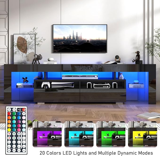 TV Stand with 16 Color LED Lights, Media Console with Drawer and Glass Open Shelf for 65/75/85 inch TV, Modern Gloss Entertainment Center for Living Room Bedroom, Black