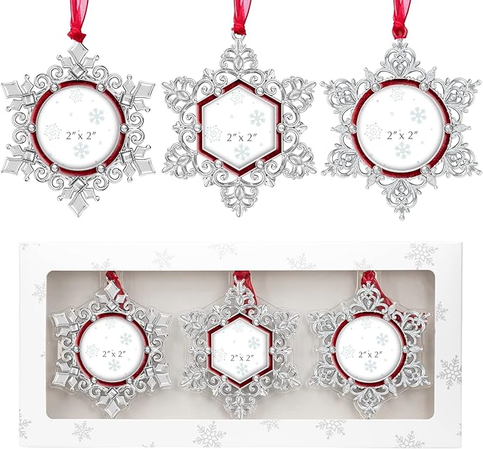 West style Snowflake Picture Frame Ornament Christmas Tree Ornaments Set 3 Pieces-Metallic Hanging Home Deco Hanging Pendant Holiday Keepsake Gift (Red, 3 Pieces)