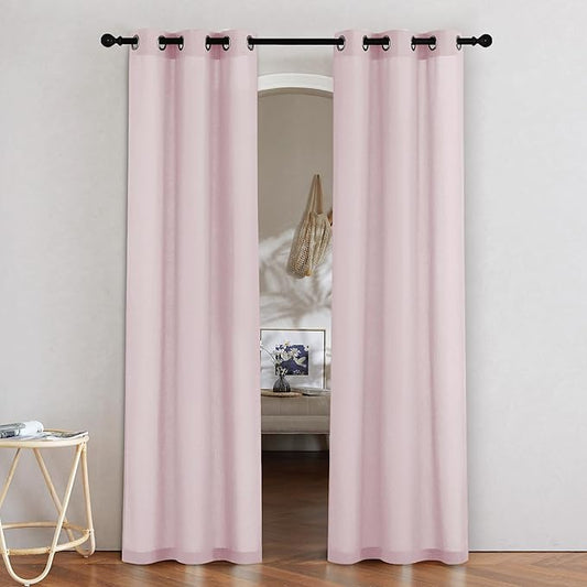 NICETOWN Blush Pink Linen Curtains for Kitchen, Thick Flax Small Window Treatments Semi Sheer Privacy Assured with Light Through for Cafe/Bathroom, W34 x L80, 2 Panels
