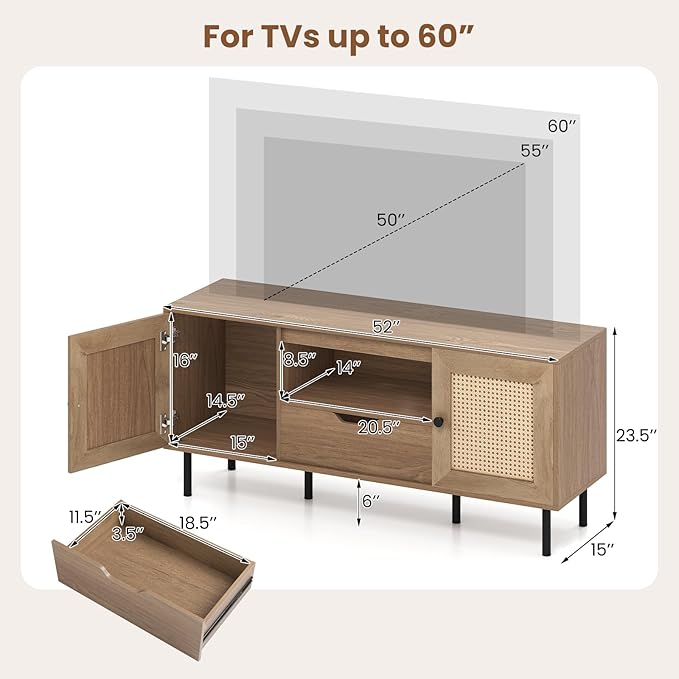 Giantex Boho TV Stand for 50-60 Inch TV, Wood Entertainment Center with Storage Cabinets, Drawer & PE Rattan Doors, Media Console Table for Living Room, Bedroom, Natural