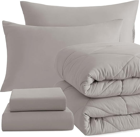 NTBAY Twin Comforter Set with Sheets, 5 Pieces Soft and Breathable Twin Bedding Set, Bed in a Bag, Down Alternative Comforter Set Solid Color All Season, Kids Bedding Set, Smoke Grey