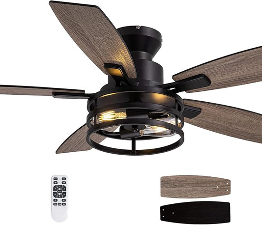46 Inch Ceiling Fans with Lights and Remote Control, Flush Mount Black Ceiling Fan with Light, Industrial Retro Style, Indoor for Bedroom Living Room 8837X