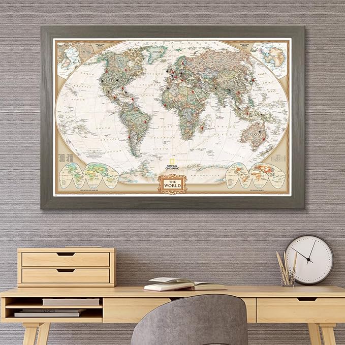 Push Pin Travel Maps Customizable Wall Art - Executive World - Barnwood Gray - Framed Pin Map, Includes 150 Pins - Handcrafted in USA - 27.5" x 39.5"