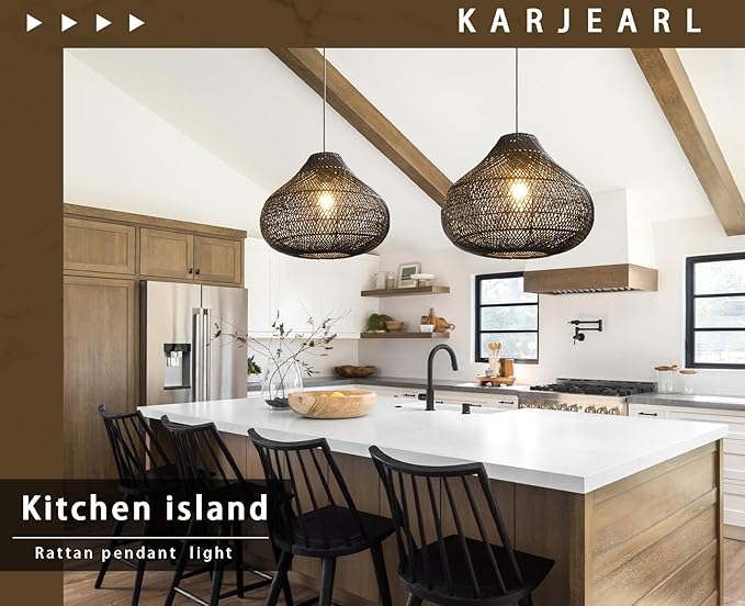 Karjear Black Rattan Chandelier, 16.5 inch Large Wicker Pendant Lights Fixture Hand-Woven Basket Hanging Light for Dining Room Kitchen Island Living Room
