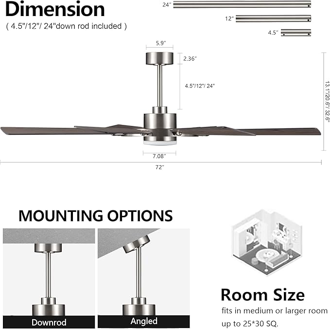ELEHINSER 72 Inch Ceiling Fan with Lights and 3 Downrods, 8 Plywood Blades, 6-Speed Noiseless Reversible DC Motor, 3CCT, Windmill Ceiling fan for Kitchen Bedroom Living Room, Nickel and Grey