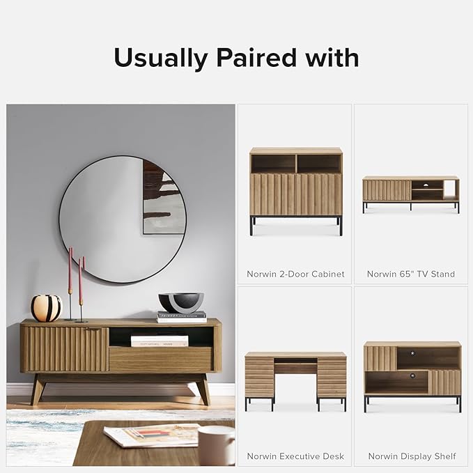 mopio Brooklyn Mid-Century Modern TV Stand, for TVs up to 50” / 59" Waveform Panel, Sleek Curved Profile with Adjustable Shelf and Sturdy Box Frame Leg (Natural Walnut, 47")