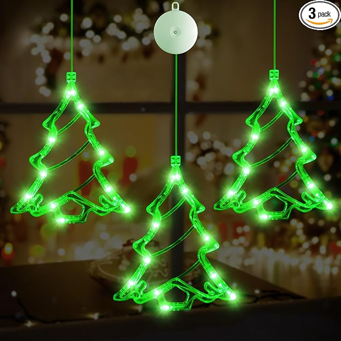 3Pcs Battery Powered LED Christmas Tree Shaped Window Lights - Green Sucker Lamps for Xmas Decor Indoors and Outdoors