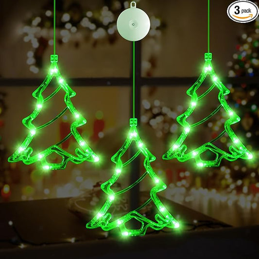3Pcs Battery Powered LED Christmas Tree Shaped Window Lights - Green Sucker Lamps for Xmas Decor Indoors and Outdoors