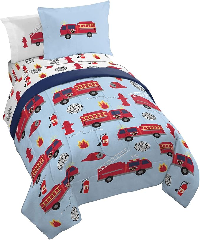 Jay Franco Trend Collector Go Fire Truck Go 5 Piece Twin Bed Set - Includes Comforter & Sheet Set - Super Soft Fade Resistant Microfiber Bedding