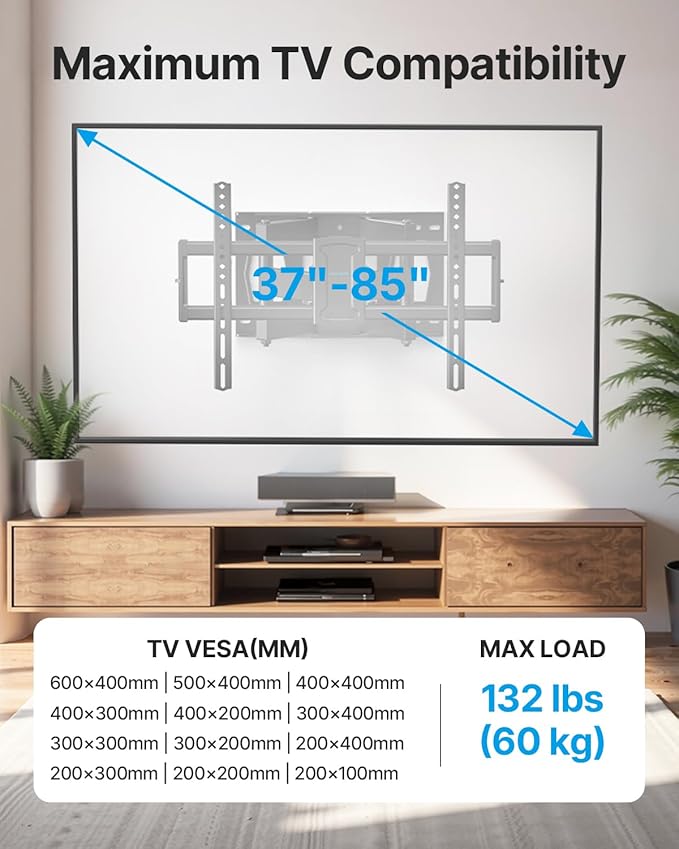USX STAR Full Motion TV Wall Mount for 37-85 Inch TVs Mounts Up to 132lbs, Fit 16" Wood Stud, Max VESA 600x400mm, Swivel and Tilt Articulating Wall Mount TV Bracket,Fit Most 55+ 65 70 75 inch TVs