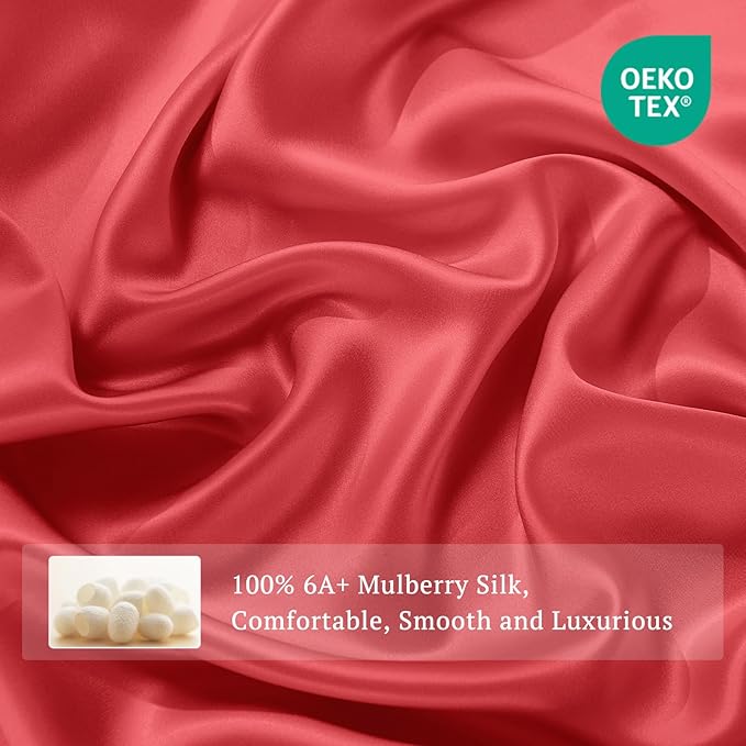 THXSILK Silk Sheet Set 5Pcs, 6A+ Top Grade 100% Pure Mulberry Silk Bed Sheets, Cooling Ultra Soft Durable Luxury Bedding Sets, 2 Fitted Sheet, 1 Flat Sheet and 2 Pillowcases (Split King, Red)