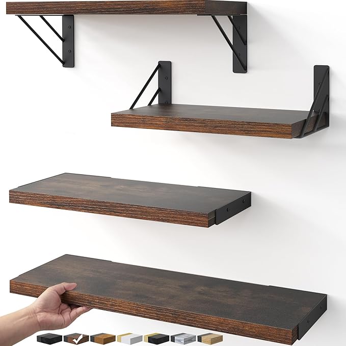 BAYKA Wall Shelves for Bedroom Decor, Floating Shelves for Wall Living Room Kitchen Storage, Mounted Rustic Wood Floating Shelves for Kids Books, Corner Shelf for Bathroom(Rustic Brown，Set of 4)