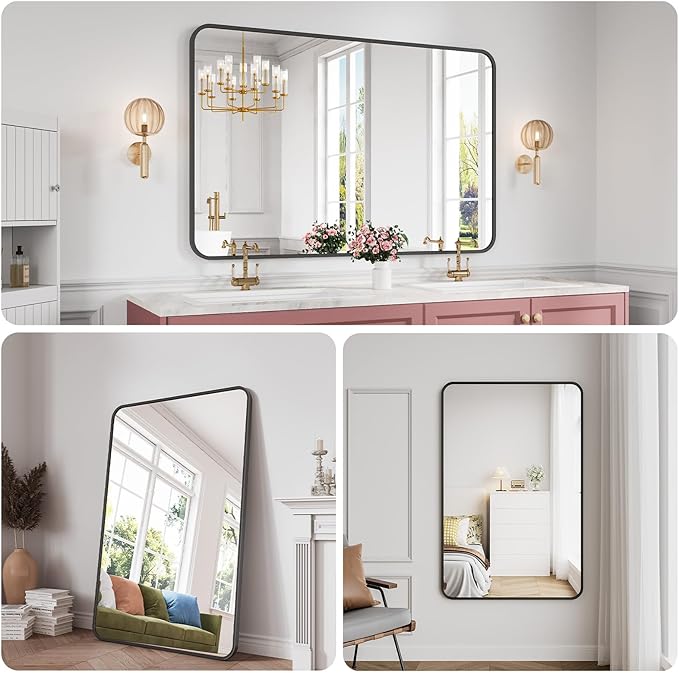 Koonmi Bathroom Mirror, 36X55 Inch Black Metal Framed Mirror for Bathroom, Tempered Glass, Anti-Rust, Rounded Rectangle Mirror for Restroom, Bedroom, Black