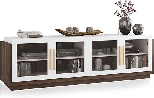 BELLEZE 70" TV Stand for TVs up to 75", Modern TV Cabinet & Entertainment Center with Shelves, Wood Storage Cabinet for Living Room or Bedroom - Brixston (White)