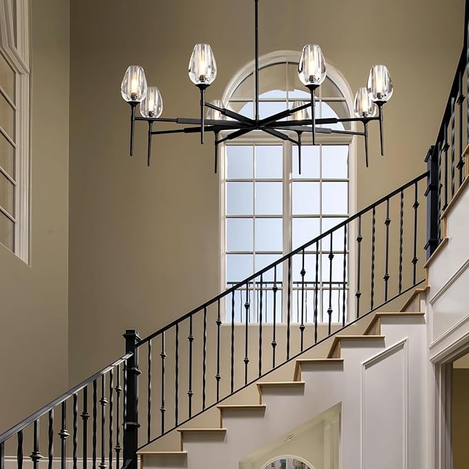 Modern Crystal Tulip Chandelier 8 Lights Black, 54in Gold Round K9 Crystal Chandelier,Pendant Ceiling Light for Dining Living Room Bedroom Entryway, E12 Bulbs Included