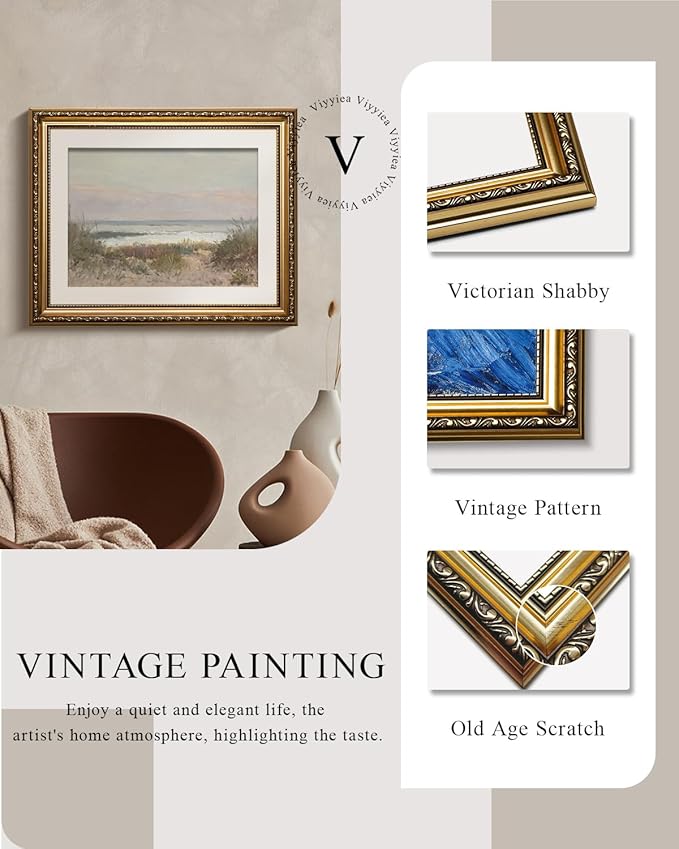 VIYYIEA Gold Framed Wall Art Canvas Print Home Decor Classical Coastal Scenery Bathroom Pictures Wall Decorations Farmhouse Wall art Room Decor Kitchen Office Bathroom Art Prints Wall Decor 13x16in