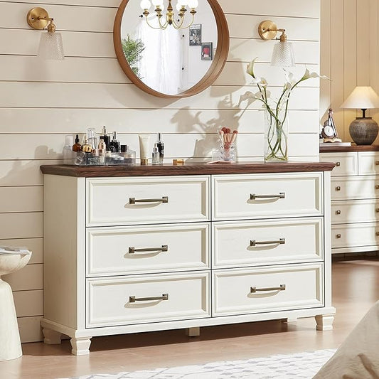 Farmhouse White 6 Drawer Dresser for Bedroom, 54 inch Wide Vintage Large Chest of Drawers with Square Wood Legs, Rustic TV Console for Living Room, Wooden Storage Closet Dressers for Home