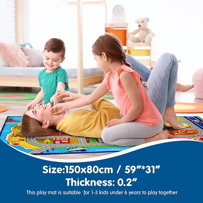 Booooom Jackson Kids Carpet Playmat with 12 Toy Cars for Age 3+ Colorful Non Slip City Rug for Kids Track Play Mat Playroom Bedroom Classroom Nursery