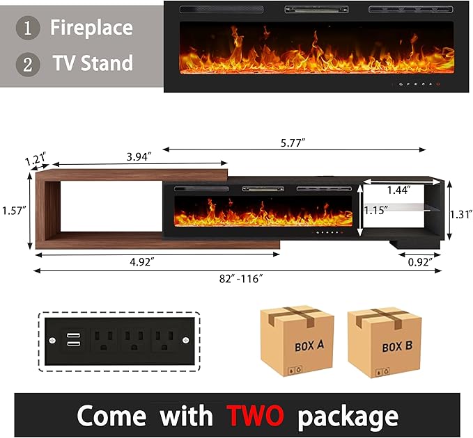 82-116" Electric Fireplace Extendable TV Stand, Modern Entertainment Center with LED Lights and Power Outlet for Up to 120 Inch TV for Living Room Bedroom, Black & Walnut