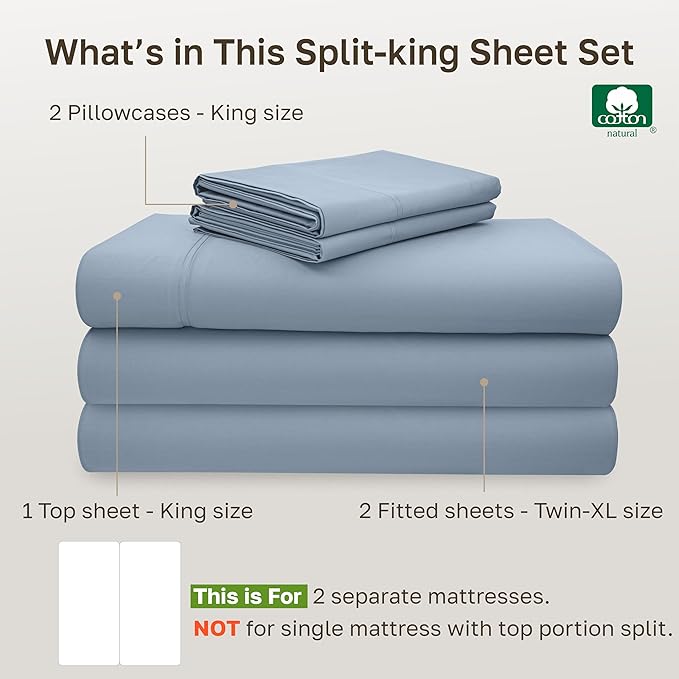 California Design Den Split King Sheet Set - 100% Cotton, 600 Thread Count, Breathable Luxury King Size Sheets for Adjustable Bed, Luxury Hotel-Quality Sheets with Soft Sateen Weave - Blue