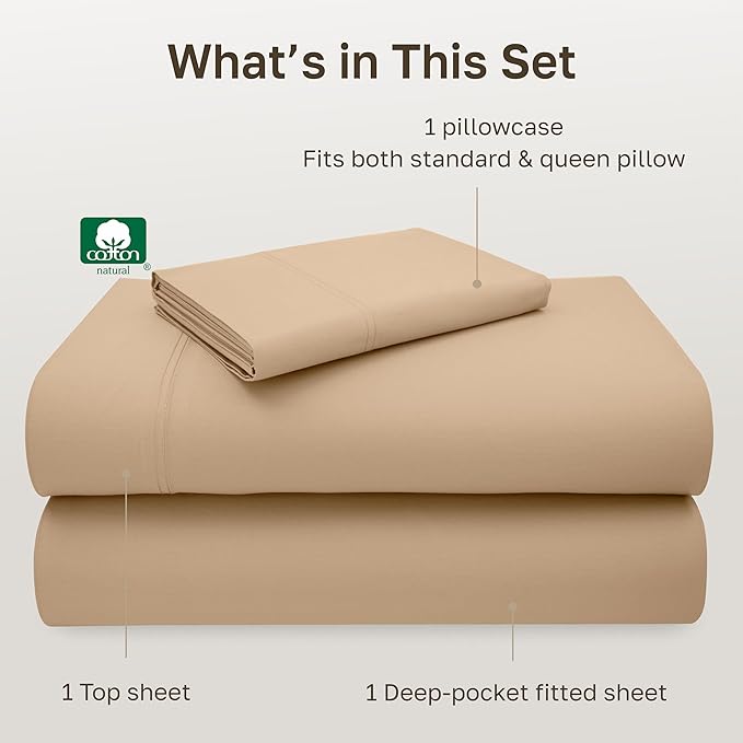 California Design Den Twin Bed Sheets 100% Cotton Sateen, 600 Thread Count, Soft, Cooling Twin Sheet Set, Hotel-Quality Bedding Sheets & Pillowcases (Golden Tan)