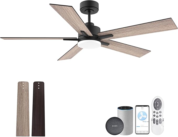 52” Smart Ceiling Fan with Lights Remote,Ultra Silent DC Motor,Control via Alexa Google Voice App WiFi,Outdoor Indoor Modern Ceiling Fans for Bedroom Patio Porch,Dimmable,Black Walnut Brown