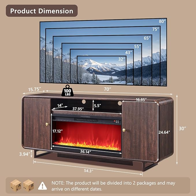 70" Fluted Fireplace TV Stand for 80 Inch TV, Modern Entertainment Center w/36'' Electric Fireplace, Wood Media Console w/Curved Profile Design and Adjustable Shelves for Living Room, Brown
