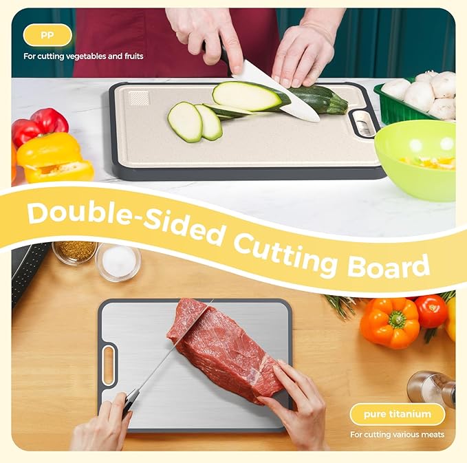 Titanium Cutting Board for Kitchen, Cutting Board Double Sided Food Grade, Pure Titanium/PP, Easy to Clean Large Size 15”×10.3”