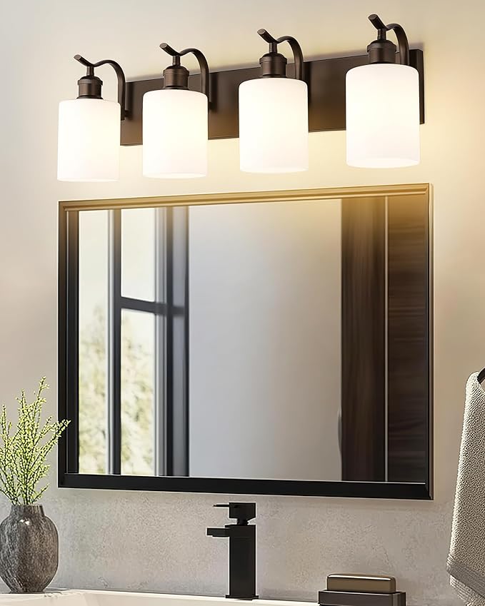 4 Light Bathroom Vanity Light, Morden Bathroom Lighting Fixtures Over Mirror Oil Rubbed Bronze Modern Wall Sconce with Milky White Frosted Shade ZCVL01ORBW-4