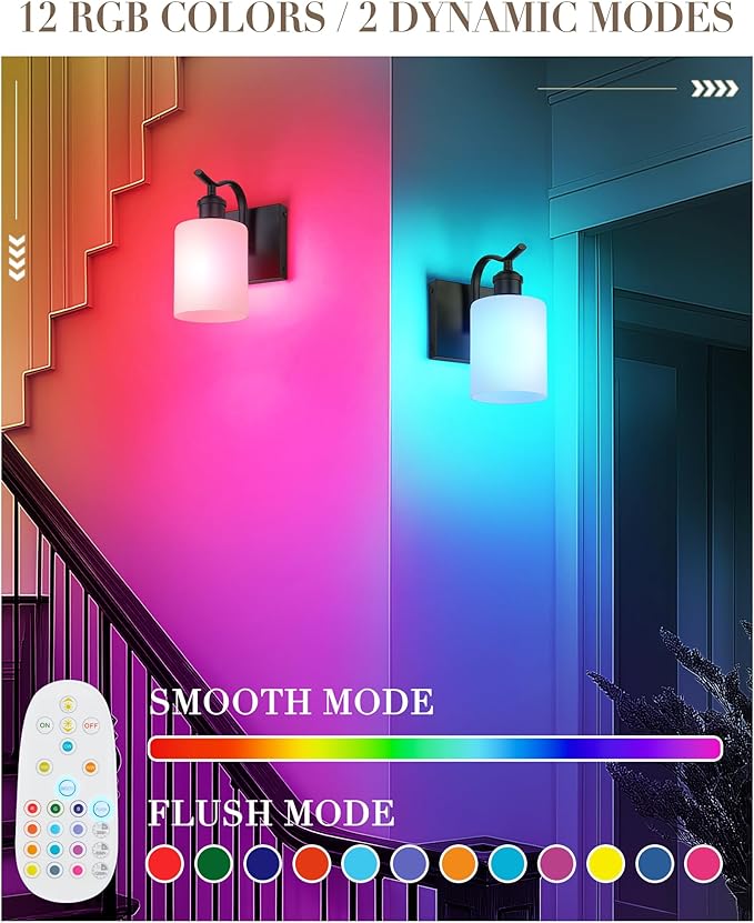 1-Light Bathroom Wall Sconce, Matte Black Modern Wall Light Fixture with Frosted Glass Shade RGB Bulb, RGB 12 Colors Modes Rechargeable Wall lamp for Bedroom Living Room, ZCVL01BK-1B
